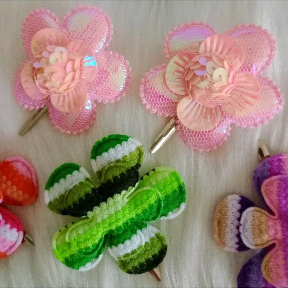 Girl's Lot Of 6 Handmade Assorted Flower Hair Clips Girl's Accessories Colorful